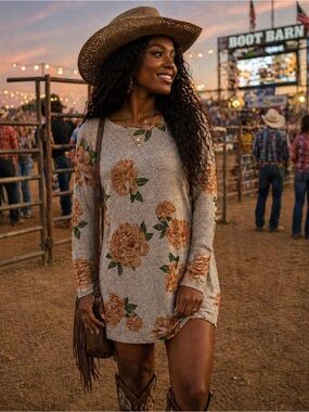 Rhapsody Beige Floral Mini Dress with Orange Blooms